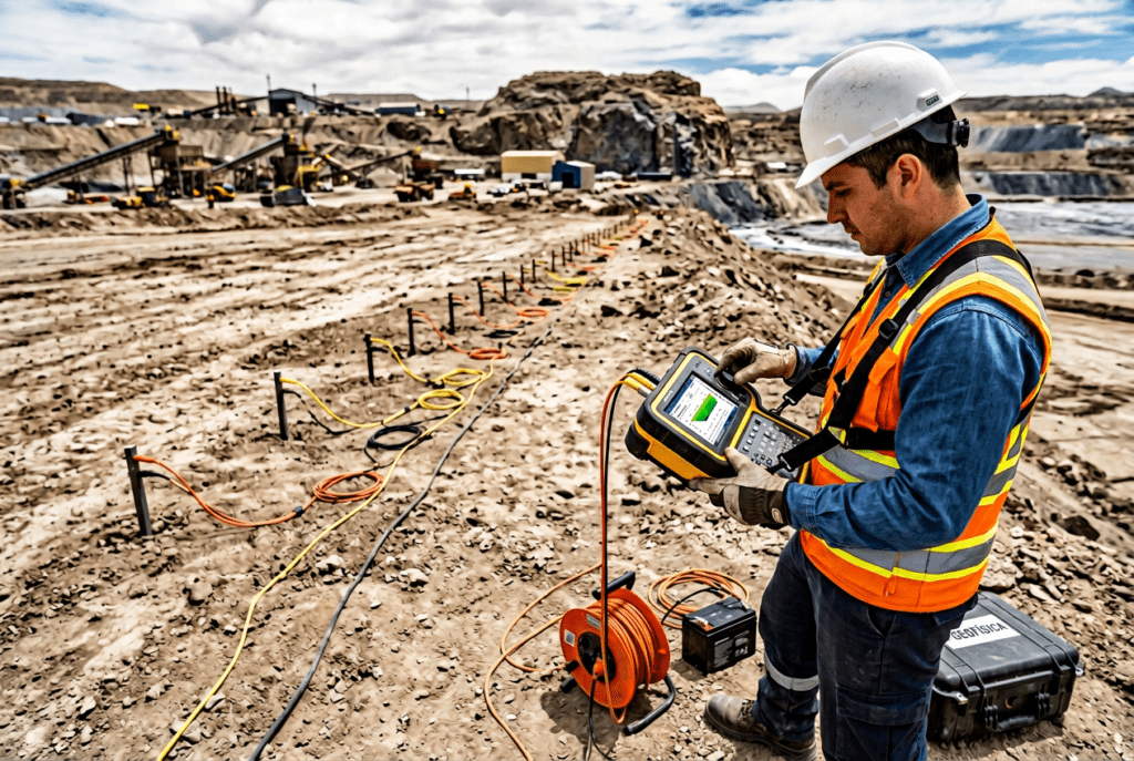 Técnico operando equipo tomografía eléctrica minería chile en terreno