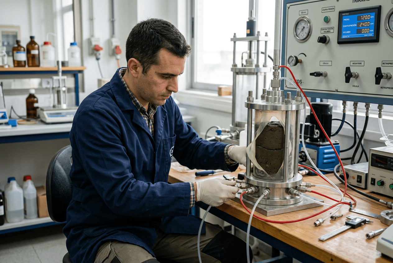 Ingeniero realizando ensayo permeabilidad laboratorio vs in situ con celda de pared flexible