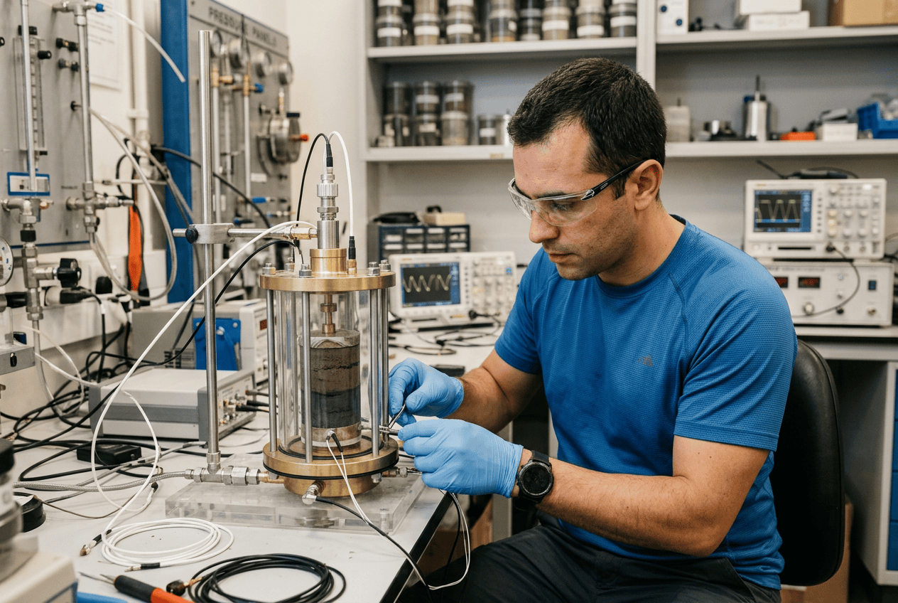 Ingeniero realizando ensayos de laboratorio rigidez dinámica del suelo