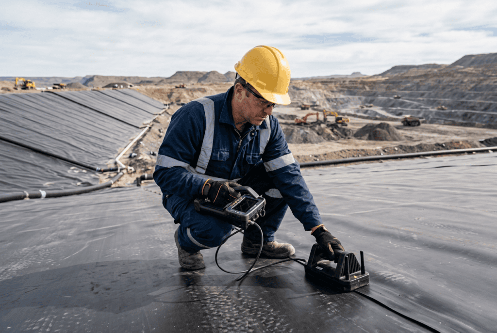 Técnico realizando ensayos no destructivos en materiales no metálicos con equipo sin contacto