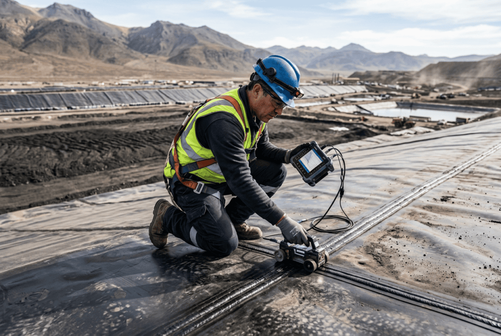 Inspector aplicando ultrasonido sin acoplante en soldadura de geomembrana HDPE