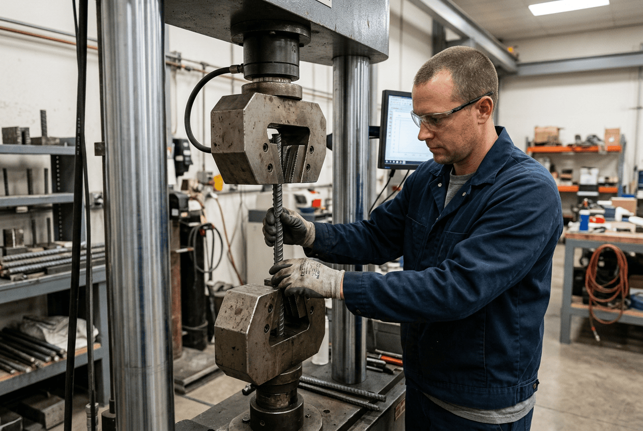 Técnico realizando ensayo de tracción y doblado de acero según normas en Chile