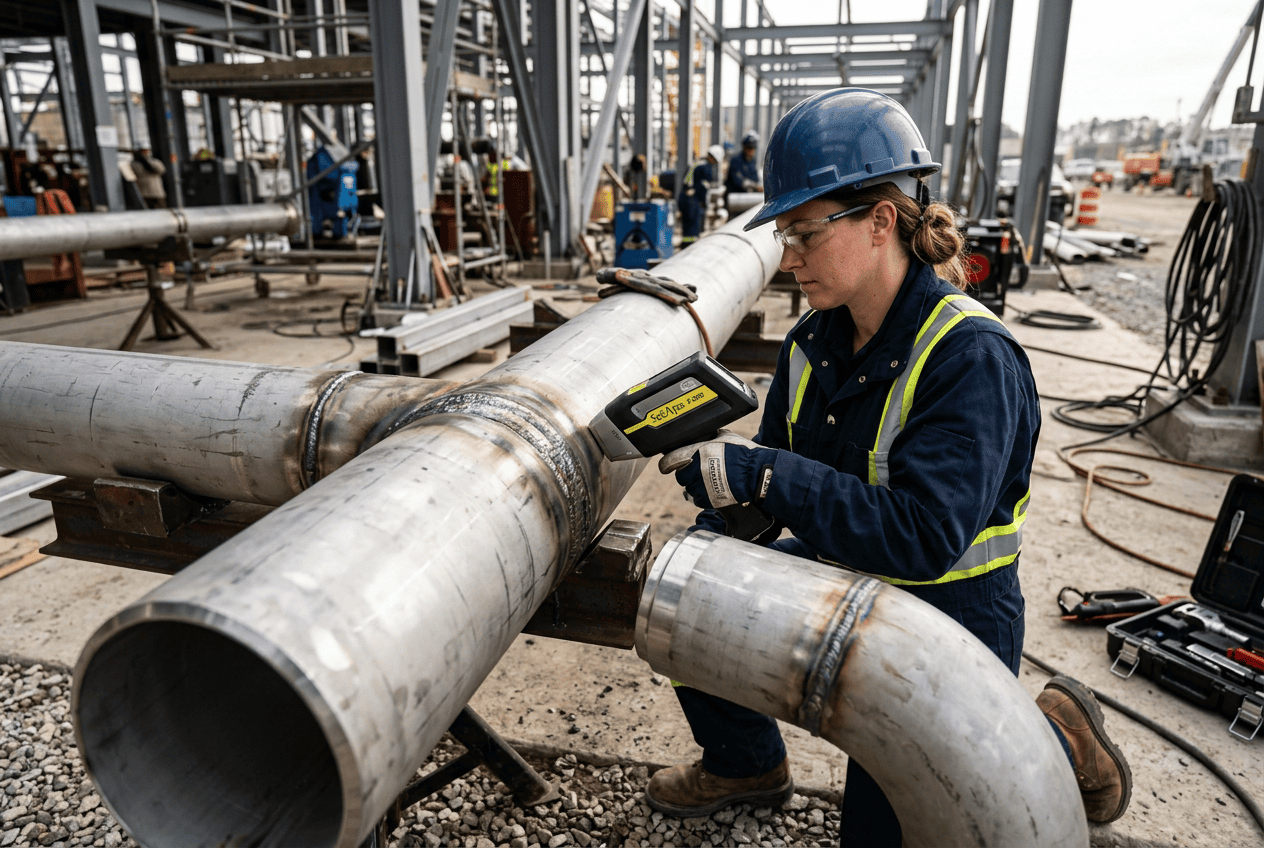 Inspector realizando PMI cañerías y soldaduras en junta soldada