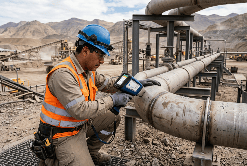 Técnico realizando un ensayo PMI en cañería de acero inoxidable en faena