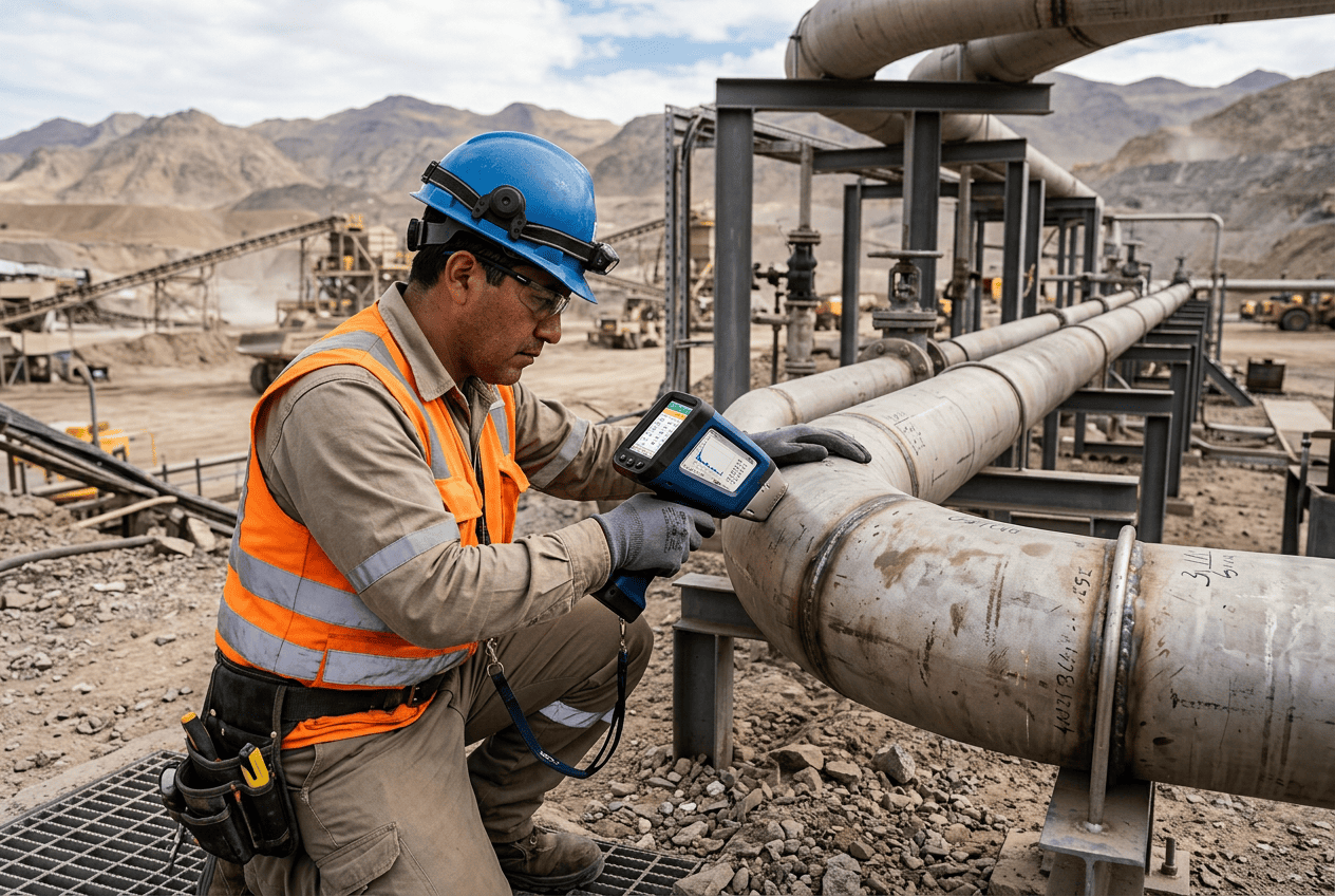 Técnico realizando un ensayo PMI en cañería de acero inoxidable en faena
