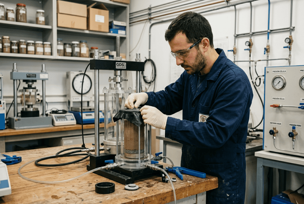 Ingeniero realizando tipos de ensayos de permeabilidad de suelos en laboratorio