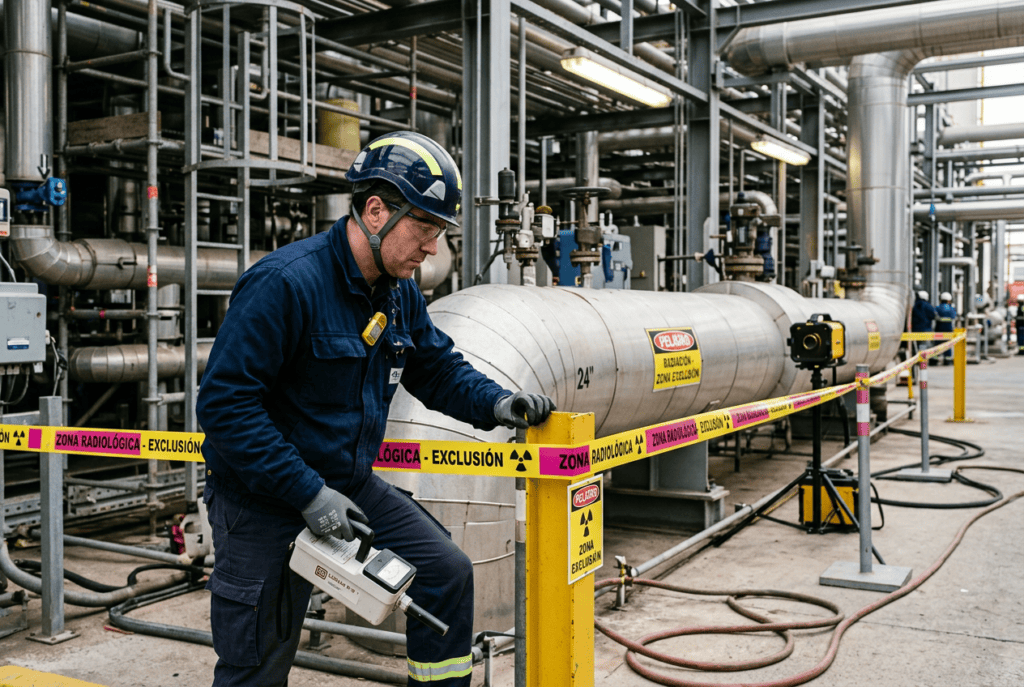 Inspector midiendo zona de exclusion radiologica gammagrafia digital en soldadura industrial